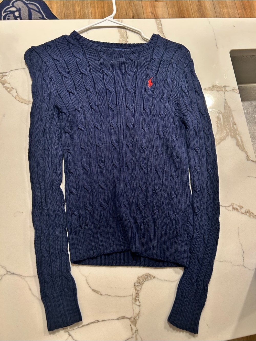 Ralph Lauren Navy Cable-Knit Cotton Sweater with Red Pony Womens Small